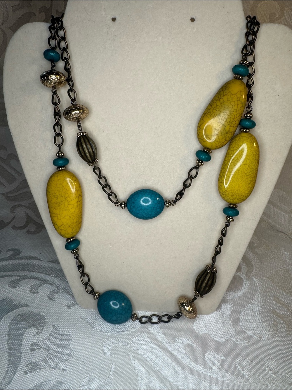 NWOT Premier Designs Long Multi-Strand Yellow and Teal Beaded Necklace